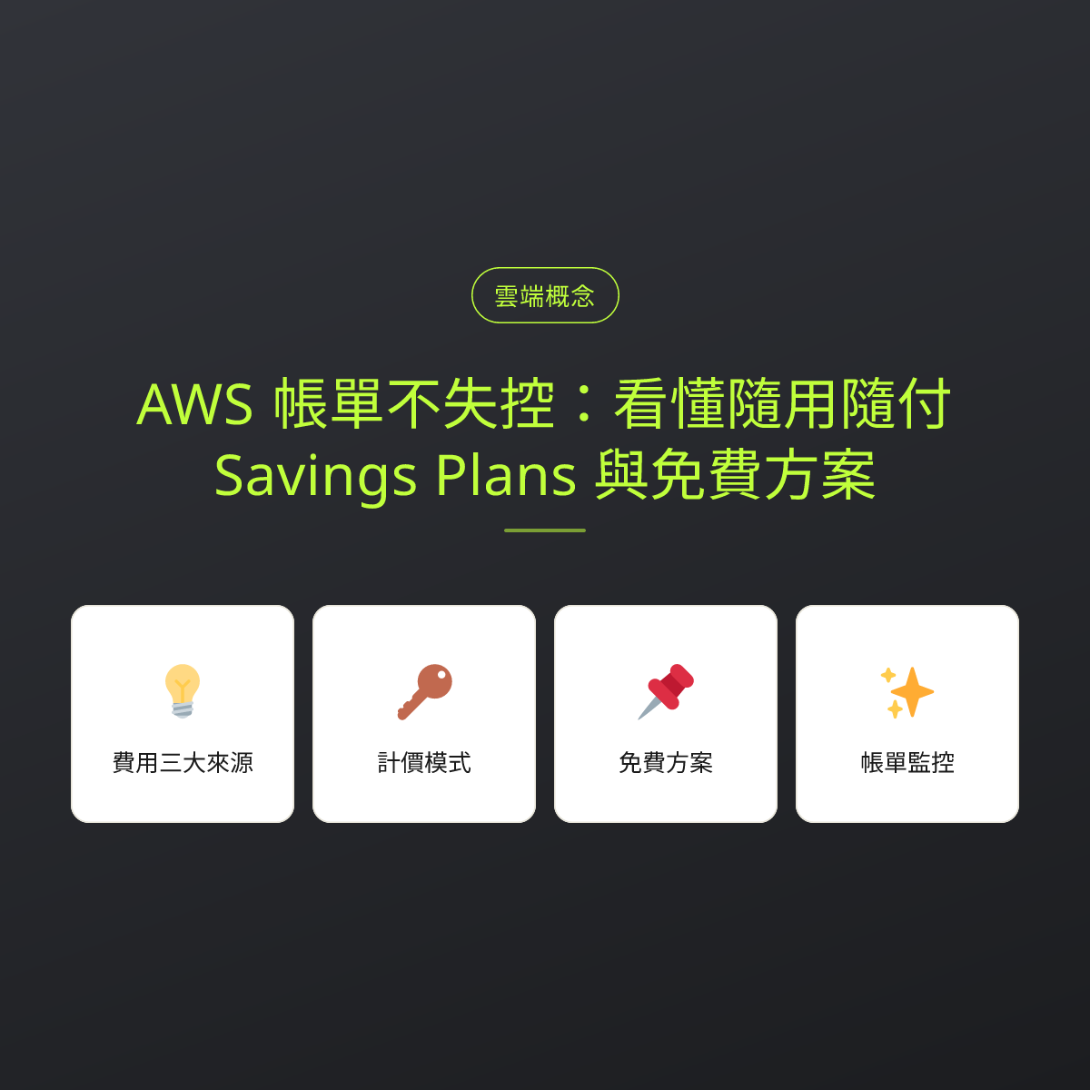 AWS 帳單不失控：看懂隨用隨付、Savings Plans 與免費方案：文章重點卡
